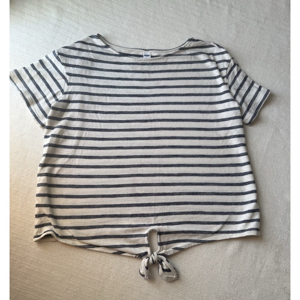 Old Navy White Black Striped Tie Accent Boat Neck Short Sleeve T-Shirt Women's M